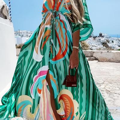 TEMU Women's Vibrant Tropical Print Maxi Dress - Loose Fit, V-neck, Long Sleeve, Polyester, Vacation And Casual Attire, Casual Attire|tropical Print Dress|polyester Dres Image