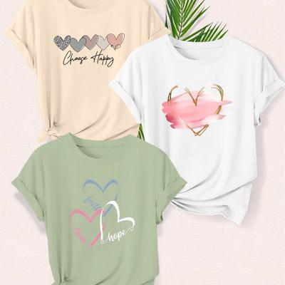 TEMU Three-piece Casual T-shirt Set For Women Featuring Heart Elements And Summer Styles From Europe And America. Image