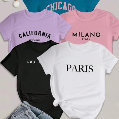 TEMU 5pcs Letter Print T-shirt, Short Sleeve Crew Neck Casual Top For Summer & Spring, Women's Clothing Image
