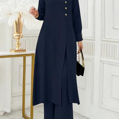 TEMU Ramadan, Women's Front-button Long Sleeve Slit Dress & Pants Casual Arabic Style 2pcs Set, Only Clothes, Without Headscarf Image