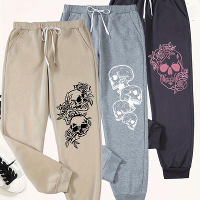 TEMU 3pcs Women's Skull & Floral Print Joggers - 100% Polyester, Comfortable Stretch Waistband Pants With Drawstring - Machine Washable, Versatile For Sports & Casual Wear, Plus Siz Image