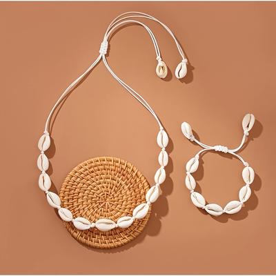 TEMU Fashion Handmade Braided Shell Necklace Bracelet 2pcs Set Bohemian Women's Versatile Necklace Beach Resort Style Clavicle Chain Image