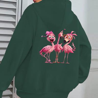 TEMU Creative Hat Back Picture, Cartoon 3 Pink Flamingo Pattern Print, Hooded Sports Zipper New Casual Open Sweater Lazy - Polyester Fabric Image