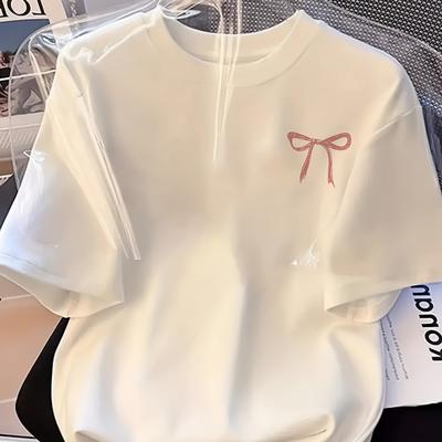 TEMU Women' Crew Neck T-shirt With Pink Bow Print, Casual Short Sleeve Top For , Polyester Blend, Loose Fit, , Ladies T Shirts Image