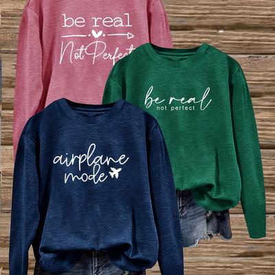 TEMU 3-pack Casual Crew Neck Long Sleeve Sweatshirts With Inspirational Quotes, Polyester Knit Fabric, Medium Stretch, Image