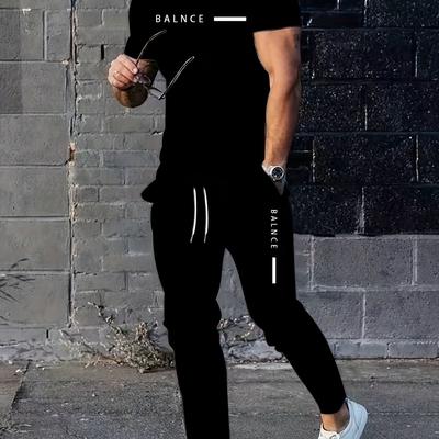 TEMU Men's Summer Leisure Outdoor Sports Letter Pattern Printing Street Loose With Pockets Two-piece Suit Image