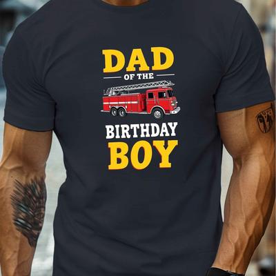 "TEMU Men' Truck Dad Graphic Tee - Casual Lightweight Crew Neck Short Sleeve T-shirt For Summer, White With "dad Birthday Boy" Print, Comfortable Polyester Blend, Celebrations And Casual Attire" Image