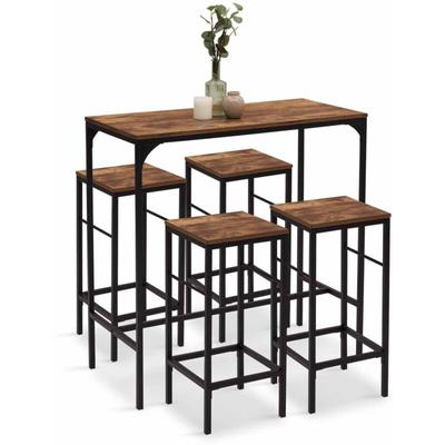 Bar-Hochtisch dayton 100 cm und 4 Hocker aus dunklem Holz mit Alt-Effekt und schwarzem Image