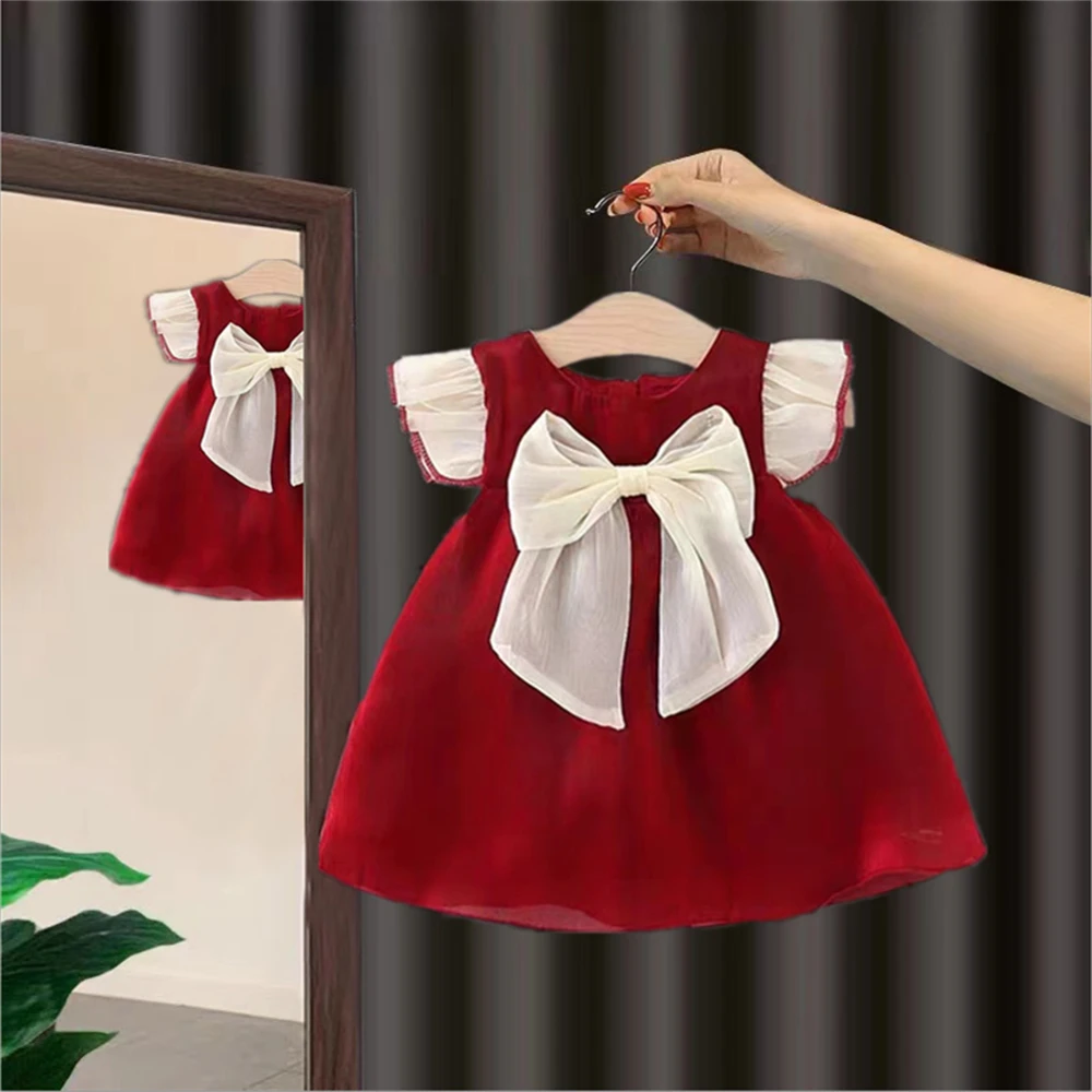 Baby Mädchen Kleid Sommer Mädchen Farbe blockiert großen Bogen kleine fliegende Ärmel Strand niedlichen Prinzessin Kleid Image
