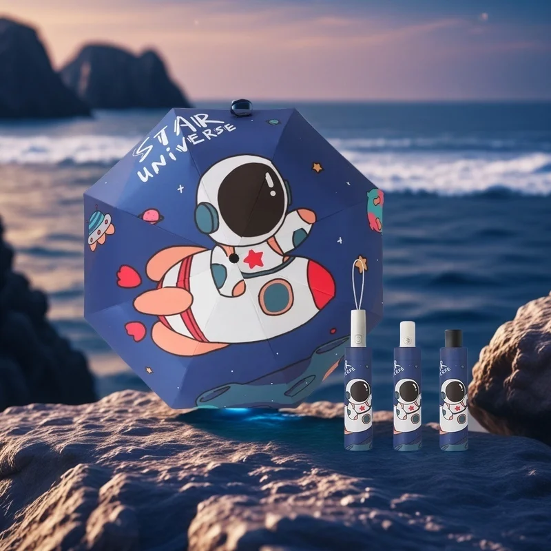 Nice Astronauts Space Automatischer Regenschirm Niedlicher Kinderschirm Nachtreflektierender Streifen und No-Springback-Design Geschenkschirm Image