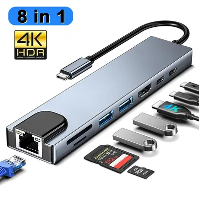 8 IN 1 Hub-Adapter HDMI-kompatibel USB-C 3.0 2.0 HUB RJ45 SD TF-Kartenleser PD 100 W Schnellladung für MacBook Lenovo Huawei HP Image