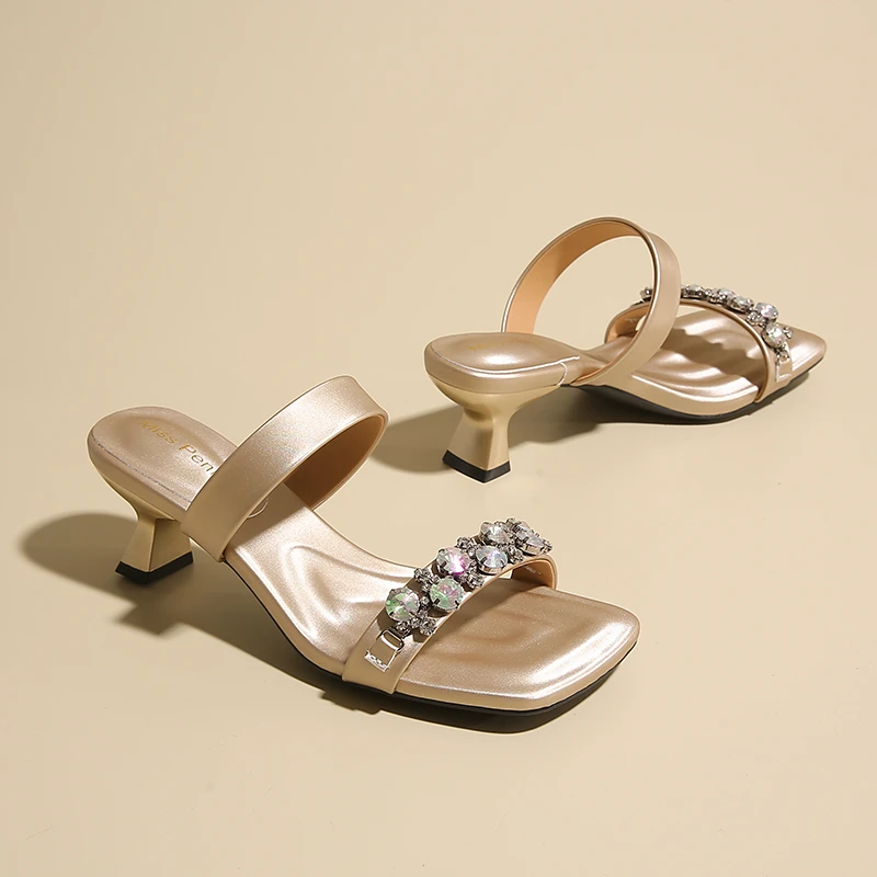 Square Toe High Heels Slippers Women Luxury Crystal Shoes Sexy Heeled Sandals 2025 Trend New Summer Party Woman Pumps Sandalias