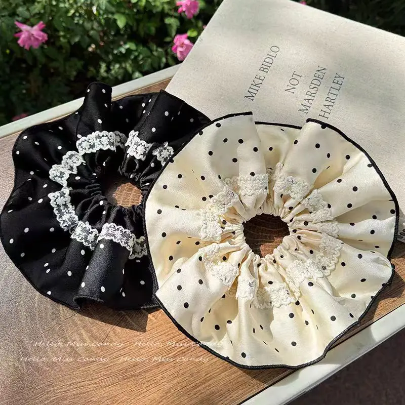 1 Stück übergroßer Spitzen-Haarring aus schwarzem und weißem Polka-Dot-Satin mit Dickdarm, elegantes Retro-Stirnband mit gewickeltem Haar Image