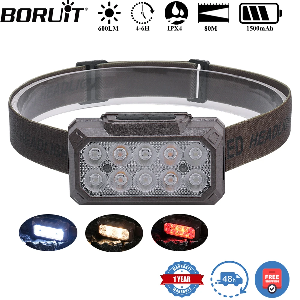 BORUiT 600LM 10 LEDs Bewegungsmelder-Stirnlampe Typ C wiederaufladbar 1500 mAh Scheinwerfer wasserdicht Camping Angeln Stirnlampe Image