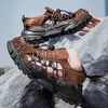 Echtes Leder Punk männer Aushöhlen Sandalen Plattform Outdoor Wanderschuhe Elastische Band
