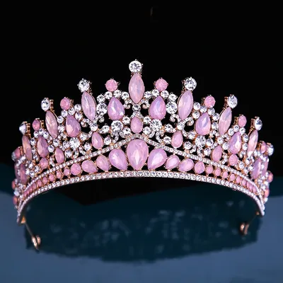 Baroque Pink Opal Crystal Bridal Crown Royal Queen Tiaras Rhinestone Pageant Prom Diadem Princess