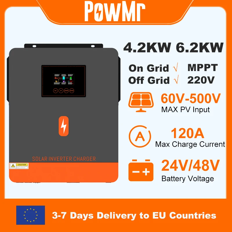PowMr 6.2KW 4.2KW onduleur solaire hybride 24V 48V 230V sur hors réseau onduleur sinusoïdal pur double sortie avec chargeur solaire MPPT 120A