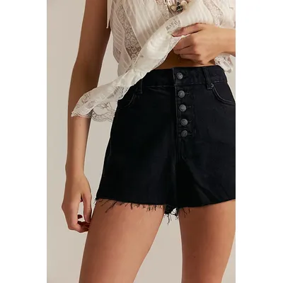 We The Free Angelika Denim Mid-Thigh Shorts at Free People in Liquorice, Size: 33