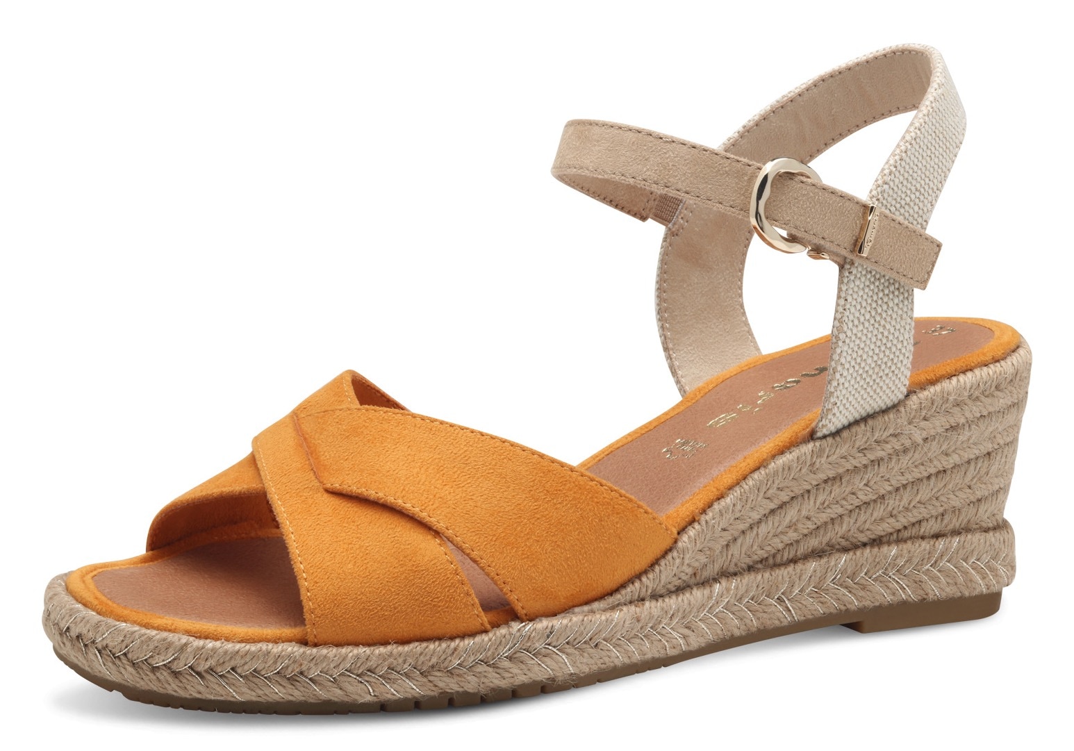 Keilsandalette TAMARIS, Damen, Gr. 37, orange (orange kombiniert), Textil, Veloursleder, unifarben mit Farbeinsatz, Schuhe, Riemchensandale, Sommerschuh mit modischer Kreuzbandage
