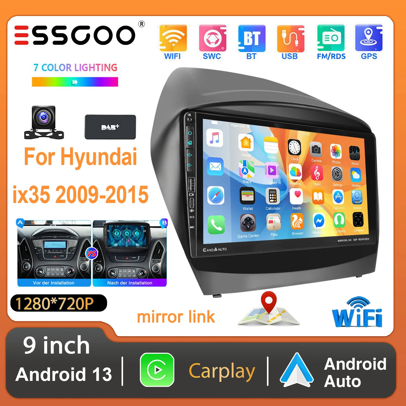 ESSGOO Autoradio GPS Navigation WIFI Bluetooth Android 13 9 Zoll HD Touchscreen Für Hyundai ix35 2009-2015 CarPlay Android Auto USB Typ-C FM RDS Mirror Link Lenkradsteuerung Multimedia Video Player Image