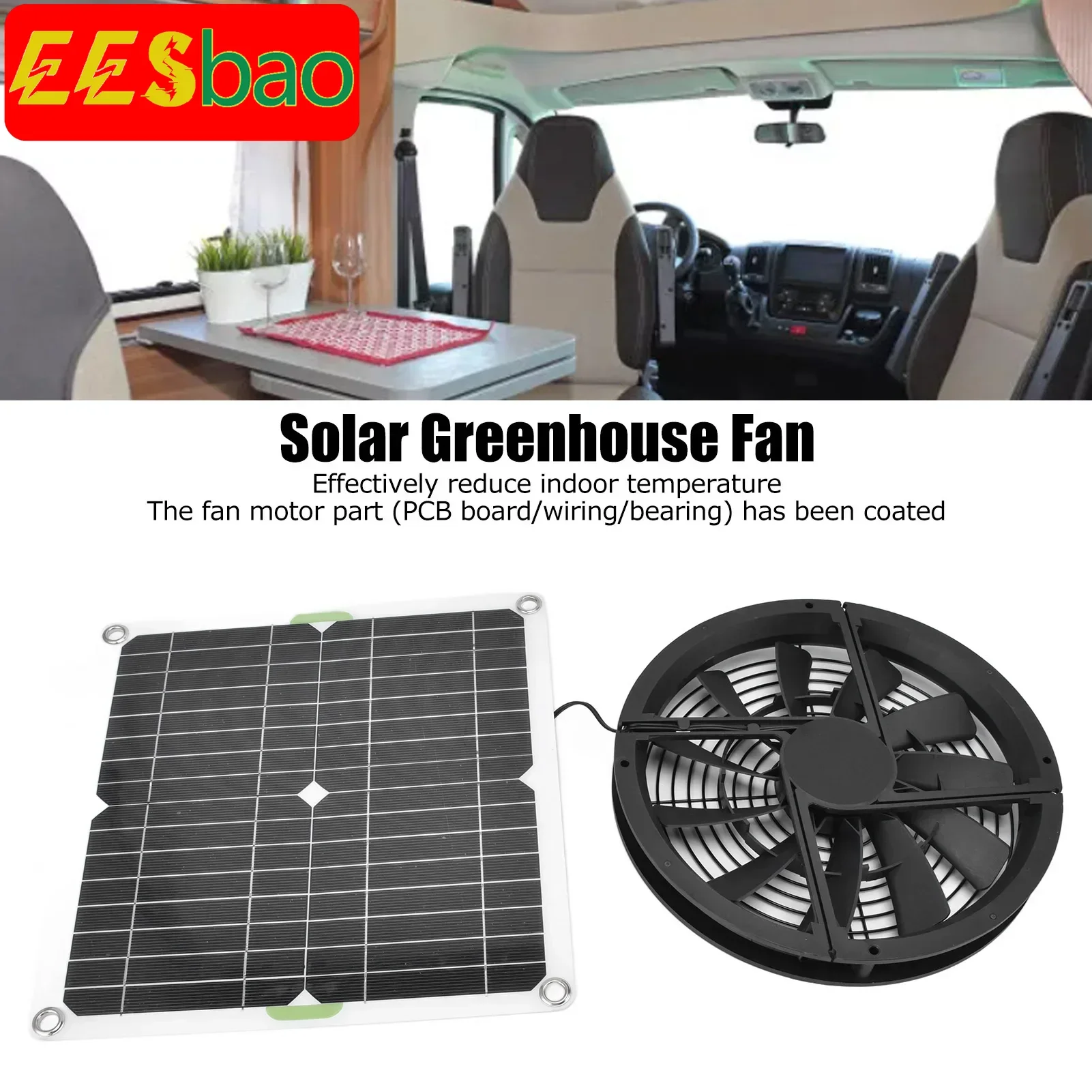 100 W Solarpanel-Ventilator-Set, wasserdicht, rund, Abluftventilator für Hühnerstall, Gewächshaus, Schuppen, energiesparend, leise Kühlung Image