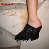 Runde Zehen Fransen Dünne Slip On Damen Pantoletten Schwarz Quaste Stiletto Heels Hausschuhe Leder Solide Sommer Außerhalb Freizeitschuhe Sexy