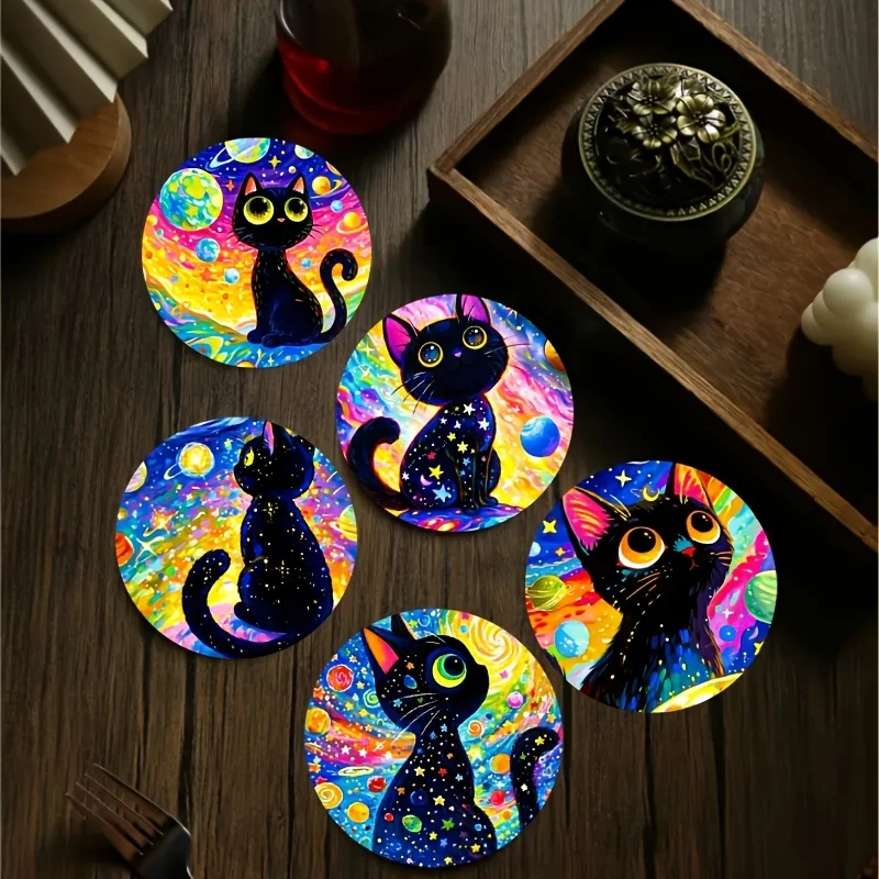 6er-Set, 2D-Untersetzer mit buntem Katzenmotiv, Kunst-Untersetzer, rund, aus Holz, hitzebeständig, rutschfest, Heimdekoration, Geschenk, multifunktional Image