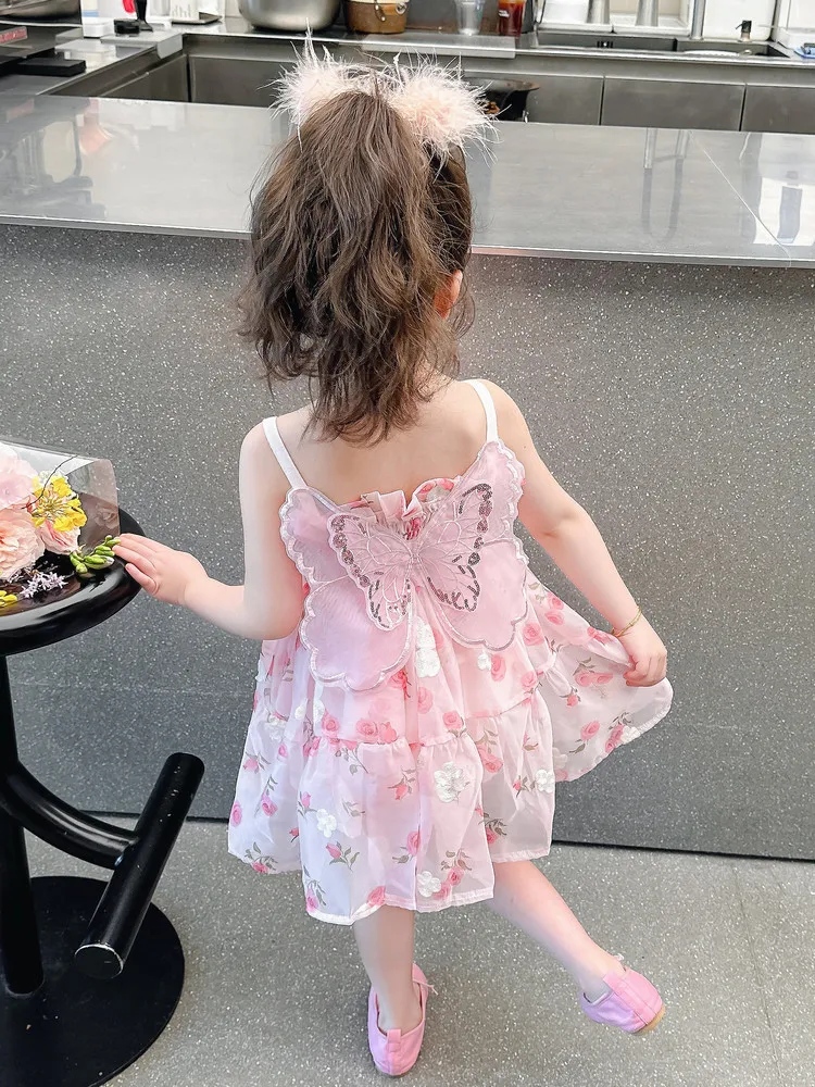 Sommer Strand Baby Mädchen Kleid mit Schmetterling Flügel Stickerei auf der Rückseite Rose Print Hosenträger Prinzessin Kleid Image