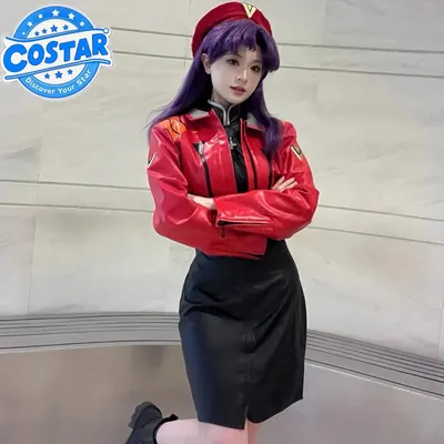EVA Katsuragi Misato Cosplay Kostüm Perücke Halloween Maskerade Dress Up Outfit PU Leder Rote Jacke Image