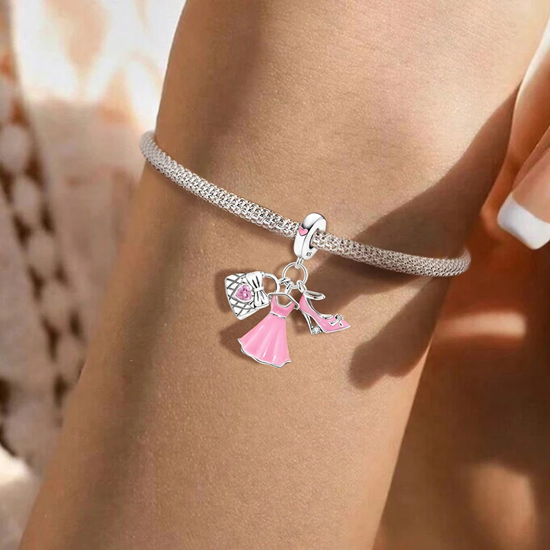 925er-Sterlingsilber, Kleid, Reisen, Leben, Haustier-Serie, rosa Kuchen-Charm, Perlen, passend für Original-Armbänder, Armreifen, Schmuck, Geschenk für Frauen Image