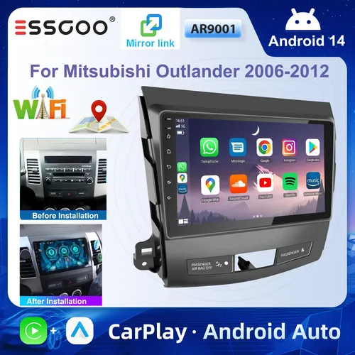 ESSGOO Écran tactile HD 9"" Android 14 pour Mitsubishi Outlander 2006–2012 Autoradio CarPlay sans fil