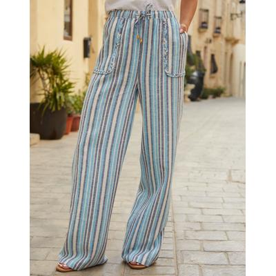 Threadbare Women's Blue Striped Braided Pocket Detail Linen Blend Wide Leg Trousers