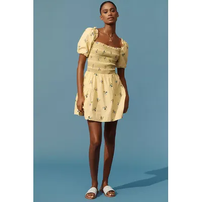 By Anthropologie Puff-Sleeve Square-Neck Smocked Mini Dress
