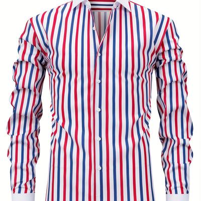 TEMU Men's Elegant Striped Long Sleeve Button-up Shirt - , Stretchy Polyester Blend, Fitted Design, Business Or Casual Wear, Gift For Me Image