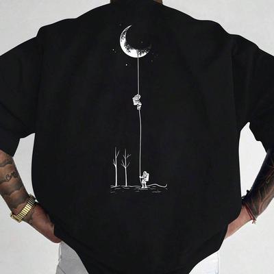 TEMU Men's Graphic Print Short Sleeve T-shirt - Black Relaxed Fit Casual Round Neck, Durable Polyester Fabric, Machine Washable Summer Outdoor Top, Moon And Trees Design | Lightweight Clothing Image