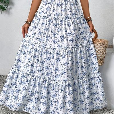 TEMU Women's Elegant Floral Print Layered Skirt - Loose Fit Long Flowy Maxi With Blue Flowers On White, Machine Washable For Spring Summer Fall Beach Vacation Casual Outfits, Beach Dress Image