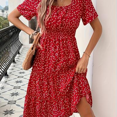 TEMU Women's Elegant Square Neck Heart Print Midi Dress - Vibrant Yellow A-line Smocked Detail, Machine Washable Spring Summer Casual & Semi-formal Outfit, Festive Attire, Intricate Smocking Image