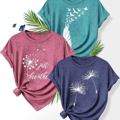 TEMU 3pcs Women's Floral Print T-shirts - Casual Crew Neck, Short Sleeve, Medium Stretch, Retro Summer Tops In Black, Teal, Beige - Plant & , Sizes S-xxl, Ladies T Shirts Image