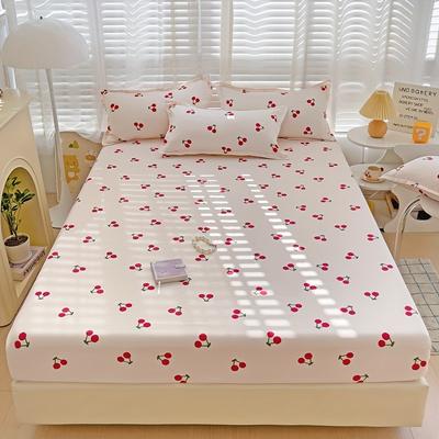 TEMU 1pc Cherry Print Fitted Sheet, 100% Polyester Brushed Fabric, Soft And Light Beige-friendly, Comfortable And Breathable, Suitable For Scenes, Machine Washable, Used In All Without Core Image