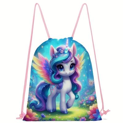 TEMU 1pc Unicorn Print Drawstring Backpack - Polyester Sports Bag For Travel, Luggage, Shoe Storage - Machine Washable, Random Image