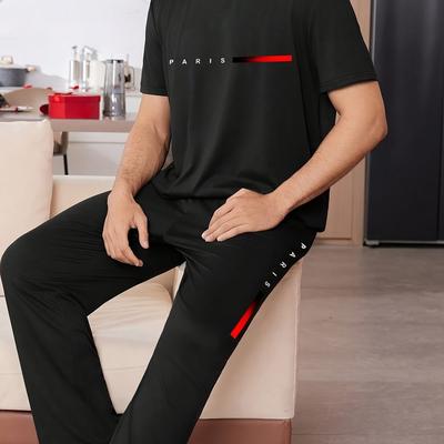 TEMU 2pcs Men's Letter Print Black Short Sleeve Long Pants Pajama Set Image