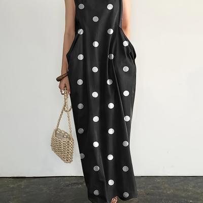 TEMU Women's Plus Size Black Polka Dot Maxi Dress With Pockets - Sleeveless, , Round Neck, Non-stretch Fabric, Casual Or Formal Occasions, Versatile Fashion | Polka Dot Dress | Pocketed Dres Image