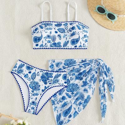 TEMU Women's Summer Beach Botanical Print Off-the-shoulder Sexy Bikini Set With Smock Skirt & Top, Detachable Shoulder Straps, Random Print, 3pcs Set, Floral Toothed Edges Image