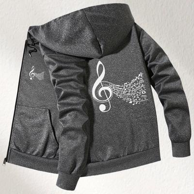 TEMU Men' Black Hooded Jacket With Music Note Print - Slim Fit, Zip-up Casual Winter Coat, Long Sleeve, Pockets, Polyester Blend, Apparel|sleek Hooded Jacket|zippered Jacket Image