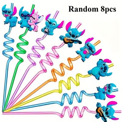 TEMU Authorized Random Colour Of 8pcs/16pcs Stitch Reusable Straws, Travel Accessories For Birthday Celebrations, Great For Party Favors And Decorations. Image