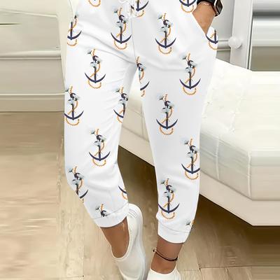 TEMU Women's Casual 3d Anchor Print Drawstring Joggers - White With Blue And Orange Accents, Elastic Waistband, Pockets, Machine Washable, Image