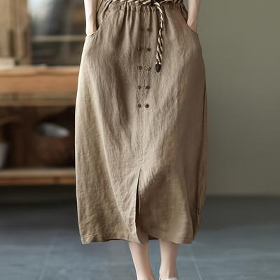 TEMU Women's Casual Midi Skirt | Solid Color Brown Polyester | Elastic Waistband With Drawstring Tie | Front Slit & Pockets | Machine Washable | Spring/summer Fashion | Versatile Casual Attire Image