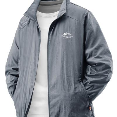 TEMU Men's Lightweight Summer Jacket - Breathable, Thin Outerwear With Zipper For Outdoor Fishing, Beach, And Casual Wear, Solid Color, Stand Collar, Non-stretch Image