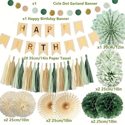 TEMU 31pcs Sage Green Birthday Decorations Neutral Happy Birthday Decorations With Sage Cream Paper Pom Poms Paper Tassel Polka Dot Garland For Rustic Botanical Olive Green Birthday Party Decorations Image