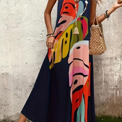 TEMU Women's Vibrant Print Sleeveless V-neck Maxi Dress - Loose Fit, Colorful , Summer Vacations And Casual , Cute Summer Dresses, Vacation Attire, Flowy Skirt Style, Lightweight Fabric Image